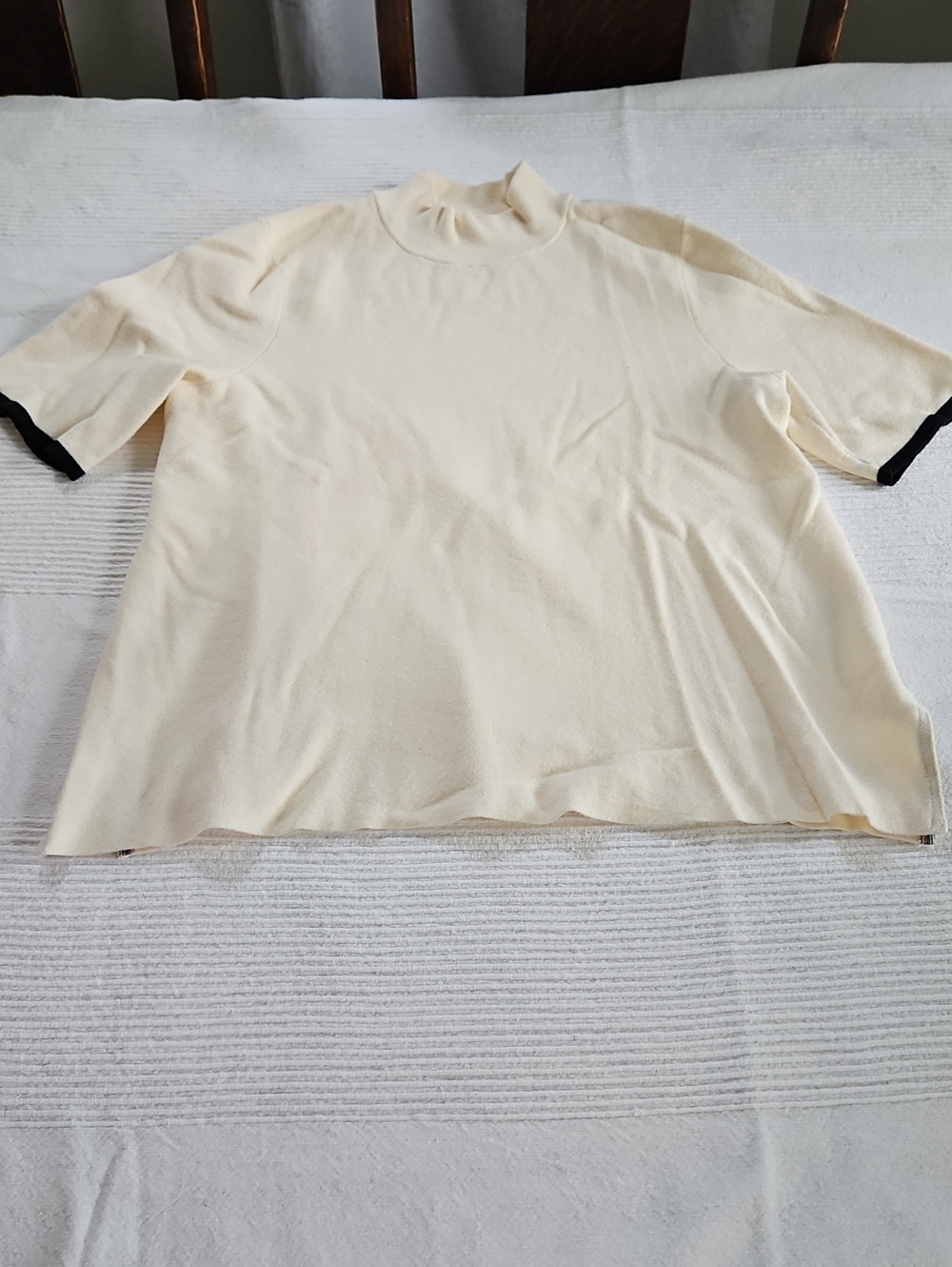 Anthropologie Cream Short-Sleeve Mock Neck Top with Black Trim